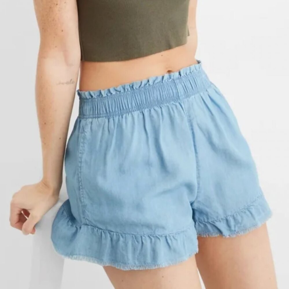 AERIE Blue Chambray Shorts Ruffle Hem Women’s Size Medium